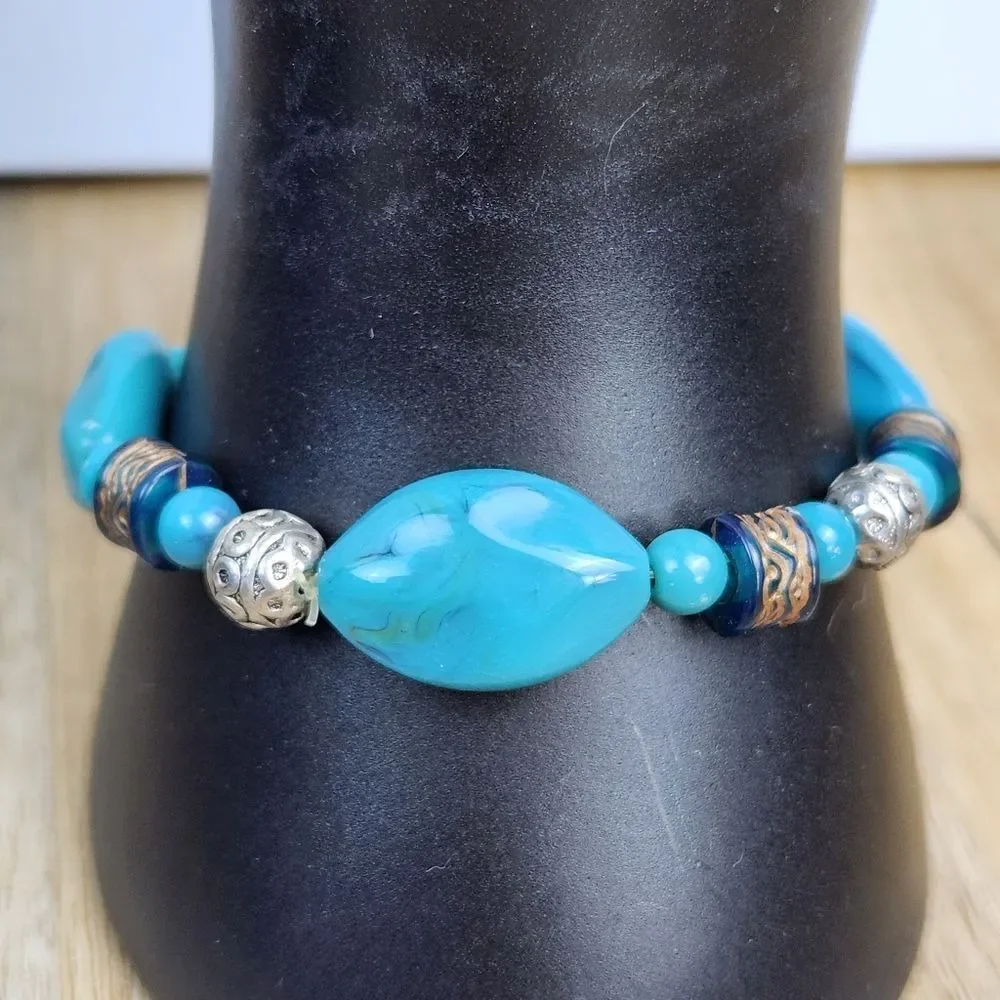 🔺️Turquoise Stone & Antique Silver Plated Beads Stretchy Bracelet